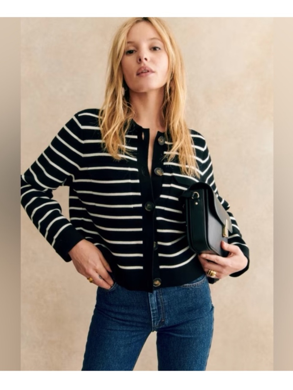 Sezane Black and White Striped Button Cardigan
